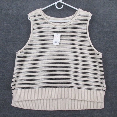 Lucky Brand Sweater Womens XL Sleeveless Striped Ivory Cotton Blend Side Slits - Image 1 of 4