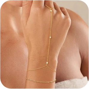 2Pcs Hand Chain Bracelet for Women, Dainty 14K Gold Plated Ring Bracelets Hand C - Picture 1 of 12