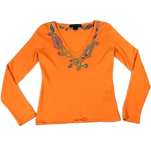 Ralph Lauren Black Label Women Cashmere Sweater M Orange Embroidered V-Neck NWOT - Picture 1 of 8