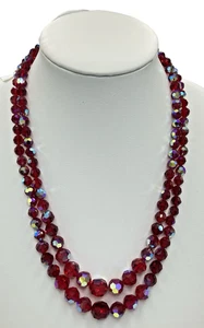 Vintage Red AB Crystal Bead Necklace 2 Strand 1950s Choker 20" w/ Box Clasp - Picture 1 of 18