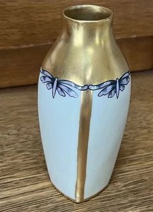 Antique Circa 1900 German Cross Swords Porcelain Dragonfly Bud Vase Gold Gilt - Picture 1 of 10