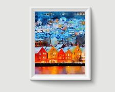 Night Bergen Norway Painting Country City Poster Art Print