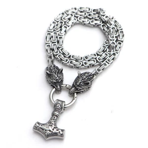 6mm Silver Stainless Steel Wolf Head Thor's Hammer Pendant Byzantine Necklaces - Picture 1 of 5