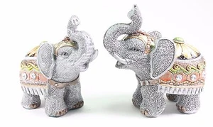 Set of 2 Feng Shui Gray Elephants Trunk Statue Lucky Figurine Gift & Home Decor - Picture 1 of 8