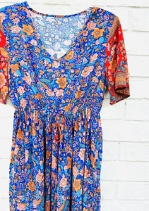 Boutique Style V Neck Multicolor Print Maxi Lounge Dress boho chic Small - Picture 1 of 5