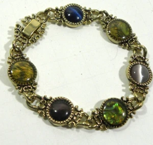 Vintage Liz Claiborne Link Bracelet Gold Tone Multicolor Glass Cabochon Ornate - Picture 1 of 5