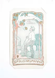 c1900 Exlibris Akt und Gärtner Emil Orlik Farbige Lithographie Exlibris - Bild 1 von 1