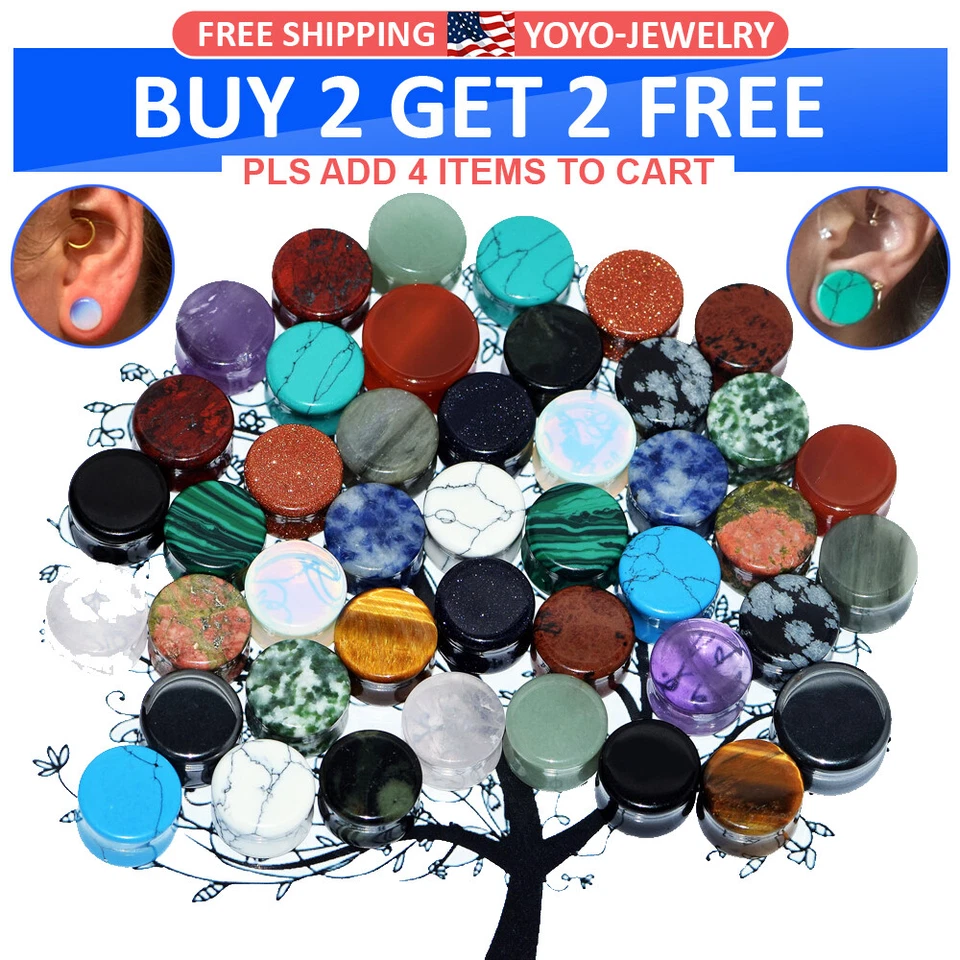 2PCS Organic Stone Ear Gauges Ear Plugs Double Flared Earlets Piercing 2g-5/8" - Image 1 of 4