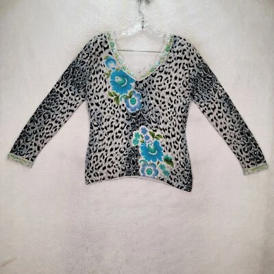 Blusa retro Y2K Charlotte Tarantola gris leopardo floral encaje cuentas para mujer M Foto 1 de 4