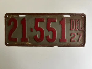 1927 Delaware License Plate Red on Gray 100% All Original Paint - Picture 1 of 1