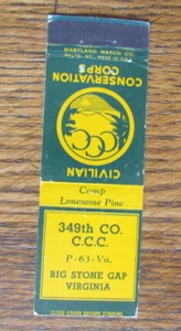 C.C.C. CAMP MATCHBOOK COVER: 349. CO. BIG STONE GAP, VIRGINIA STREICHHOLZHÜLLE -A4 - Bild 1 von 2