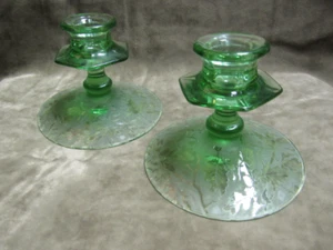 1920's Fostoria Glass Etched Oak Leaf Acorn Green Color Low Candleholders - Picture 1 of 4