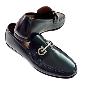 Ferragamo Gancini 10 EE Buckle Loafers Black Leather Men's GALILEO Slip-on - Picture 1 of 6