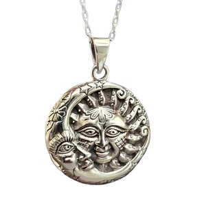 Sonnenmond Anhänger 24" Halskette 925 Sterlingsilber Surya Chandra Schmuck & Box - Bild 1 von 20