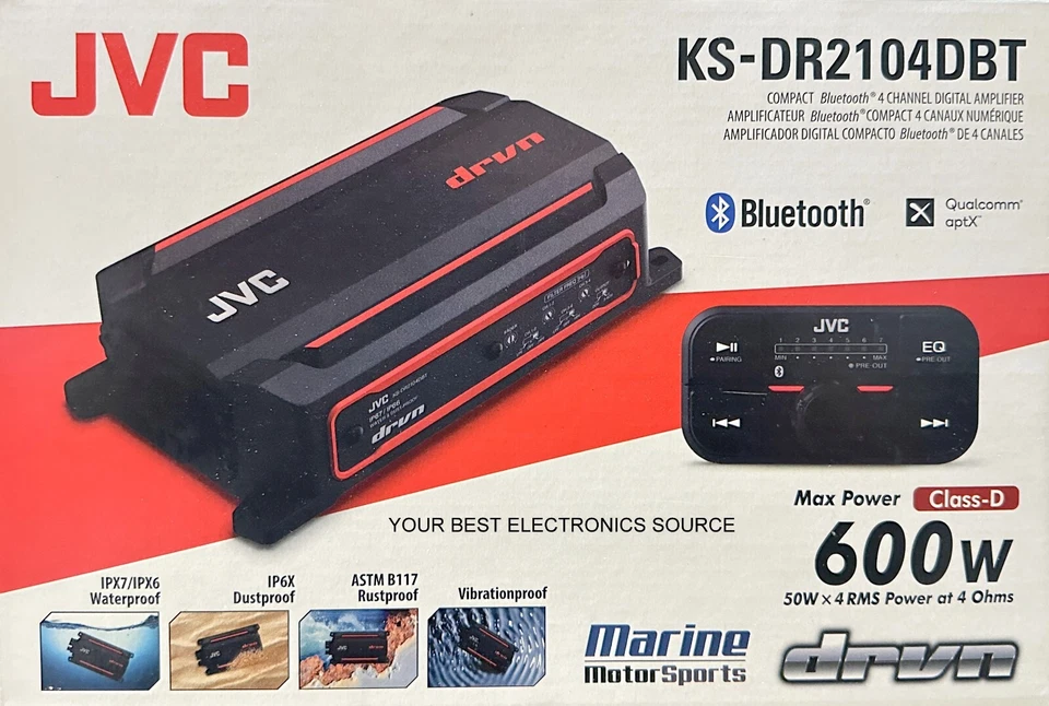 NEW JVC KS-DR2104DBT Compact 4-Channel Marine Amplifier w/ Bluetooth, 50W RMSx4 - Image 1 of 1