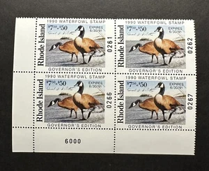 1990 RHODE ISLAND - State Duck Stamp - Mint OG NH **GOVERNOR Ed.** PLATE# BLOCK - Picture 1 of 2