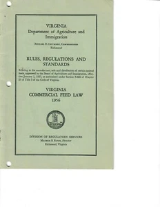 VIRGINIA DEPARTMENT OF AGRICULTURE & Immigration- Commercial Feed Law 1956 - Foto 1 di 1