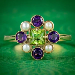 EDWARDIAN SUFFRAGETTE STYLE CLUSTER RING PERIDOT AMETHYST PEARL - Picture 1 of 6
