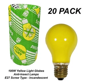 BULK 20 x YELLOW Anti Insect Light Globes Bulbs Lamp 100W E27 Screw Incandescent - Picture 1 of 5