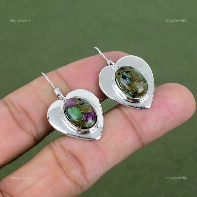 Mothers day Deal Copper Ruby Zoisite Stone Dangle Drop Heart Earrings 925 Silver - Image 1 of 4