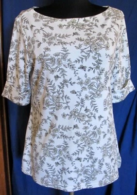 Karen Scott Tan White Floral Cuffed Short Sleeve Knit Boat Neck Top Small ~ Nice - Image 1 of 3