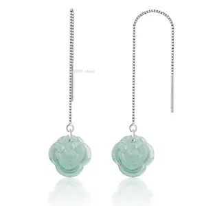 Real 925 Sterling Silver Natural Jadeite Blue Water Ruyi Box Link Earrings Drop - Picture 1 of 6