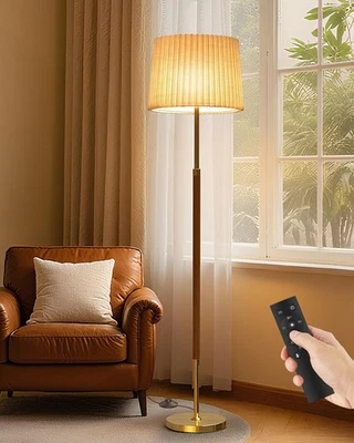 Mid-Century Modern Wood Floor Lamp with Dual Fabric Shade, Remote Control, Di... - Image 1 of 4