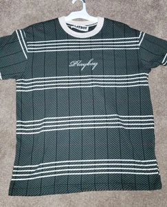 Playboy Shirt Adult large Green Spellout Crew Neck Striped Short Sleeve 46140 - Picture 1 of 3
