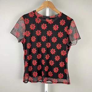 Desigual Mesh Top T-Shirt Womens Large Black Red Flower Floral Short Sleeve - Picture 1 of 6