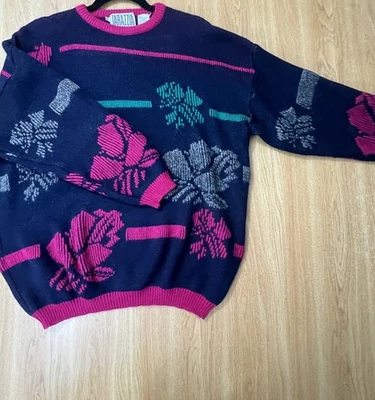 Suéter Vintage Tarazzia Tejido Floral Para Mujer Talla L Azul Marino Rosa Años 80 Pullover Retro Foto 1 de 2