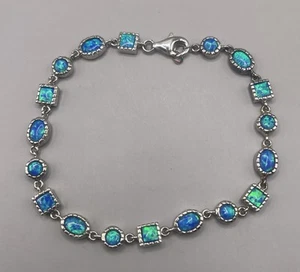 Sterling Silver Alternating Oval, Square & Circle Blue Inlay Opal Bracelet - Picture 1 of 7