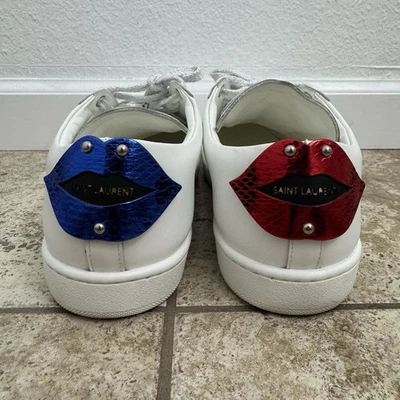 SAINT LAURENT white leather lips Red And Blue Classic Sneakers Shoes 42 1/2 9.5 - Image 1 of 4