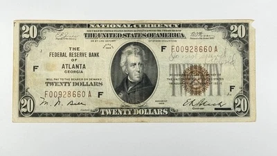 1929 $20 National Currency ATLANTA GEORGIA Banknote twenty US Note Fr# 1870-F - Image 1 of 4