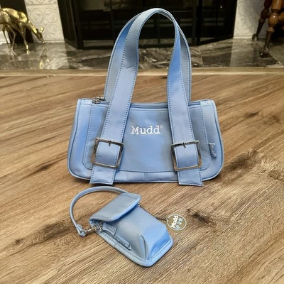 Vtg Mudd Y2K Mini Shoulder Bag Purse Embroidered Light Blue Double Handle 2000s - Image 1 of 4