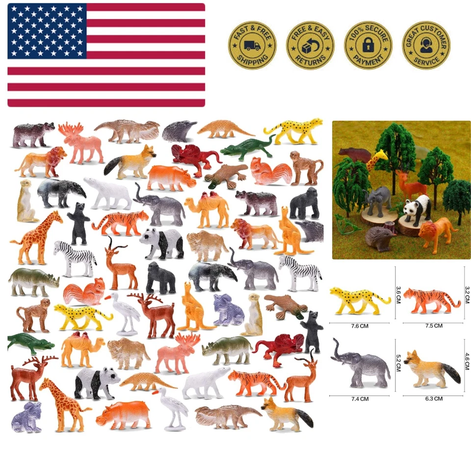 Animal Toy 64 Pack Mini Wild Plastic Animals Models Toys Kit Jungle Realistic Fi