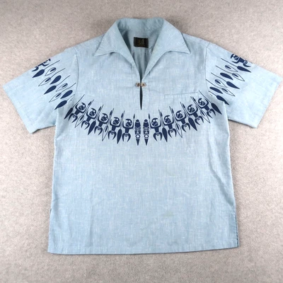 Vintage 70s Iolani Hawaiian Shirt Tikis Pullover Men's M Casual Blue - Image 1 of 4