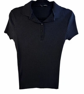 Zara Damen Poloshirt Gerippt Schwarz Kurzarm Größe M Tiefer V Knopfleiste Kragen - Bild 1 von 12