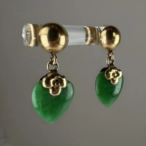 Pendientes colgantes vintage de oro amarillo de 14k con corazones de jade verde de 2,41 g - Imagen 1 de 10
