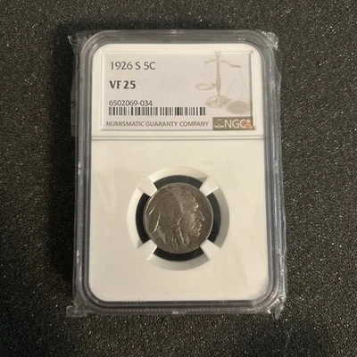 Монета номиналом 5 центов 1926-S с изображением буйвола * NGC VF25 * самый низкий тираж 970 000 *   - Изображение 1 из 3