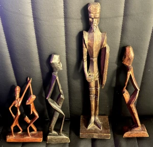 African Hand-Carved Wooden Tribal Statue Figurines - Lot of 4, 1 signed - Picture 1 of 6