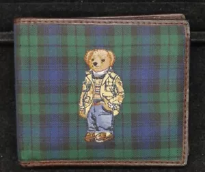 Polo Ralph Lauren Bifold Wallet Polo Bear Blackwatch Plaid Green Leather USED - Picture 1 of 9