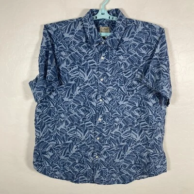LL Bean Shirt Mens XL Blue Button Up Linen Short Sleeve Casual Floral Beach - Image 1 of 4
