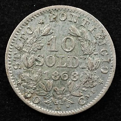 Papal States 10 Soldi 1868, Silver, Coin, Inv#G205 - Image 1 of 2