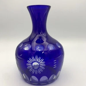 Cobalt Blue cut to clear Glass Vase 6.5” tall Bohemian etched flower design - Picture 1 of 10