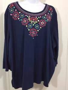Alfred Dunner Womens Plus Blue Embroidered And Bead Floral Top - Picture 1 of 6