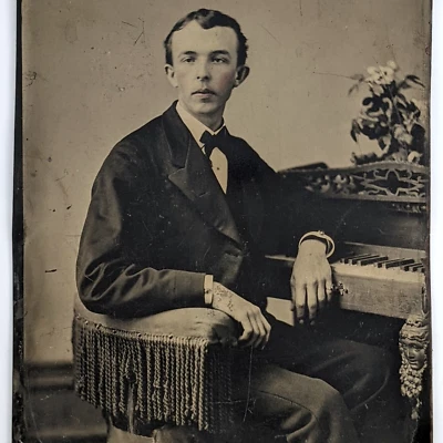 Half Plate Tintype Photo Man Sitting At Piano Carved Wood Head Color Tinted - Image 1 of 4