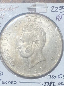 1944 Ecuador Cinco 5 Sucres Silver Crown KM-79 HIGH GADE - Picture 1 of 14