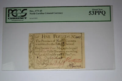 North Carolina December, 1771 £5 PCGS About New 53PPQ. - Image 1 of 2