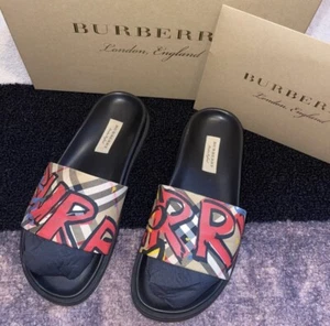 π¨ 39 Burberry Vintage Check Ashmore Print Graffiti Slides Sandals - Picture 1 of 10