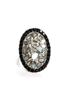 Rarities Sterling Silver Labradorite, Black Spinel Halo Cocktail Ring Size 7 - Picture 1 of 6